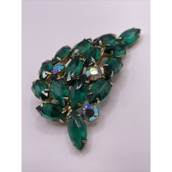 Open Back Green And Aurora Borealis Navette Rhinestone Vintage Brooch Pin - Picture 2 of 11